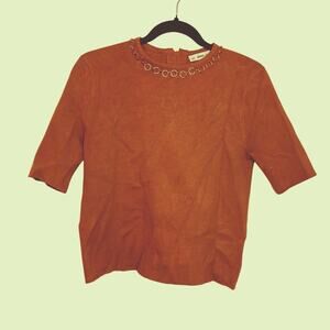 Zara Knit Viscose Crop Brown Gold Chain Collar Sweater US S Soft Trends Coquette